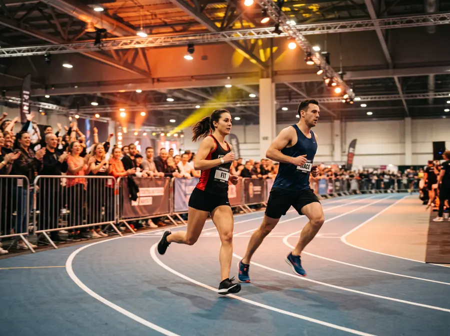 Una corredora y un corredor en plena carrera por el circuito interior de una competición de fitness, con público detrás.